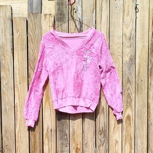 Pink V-Neck Plush Sweatshirt with Floral Embroidery
